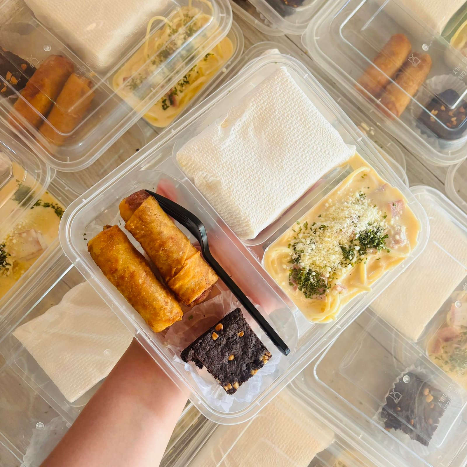 Carbonara, 2 Lumpia Shanghai, Sandwich & Brownies