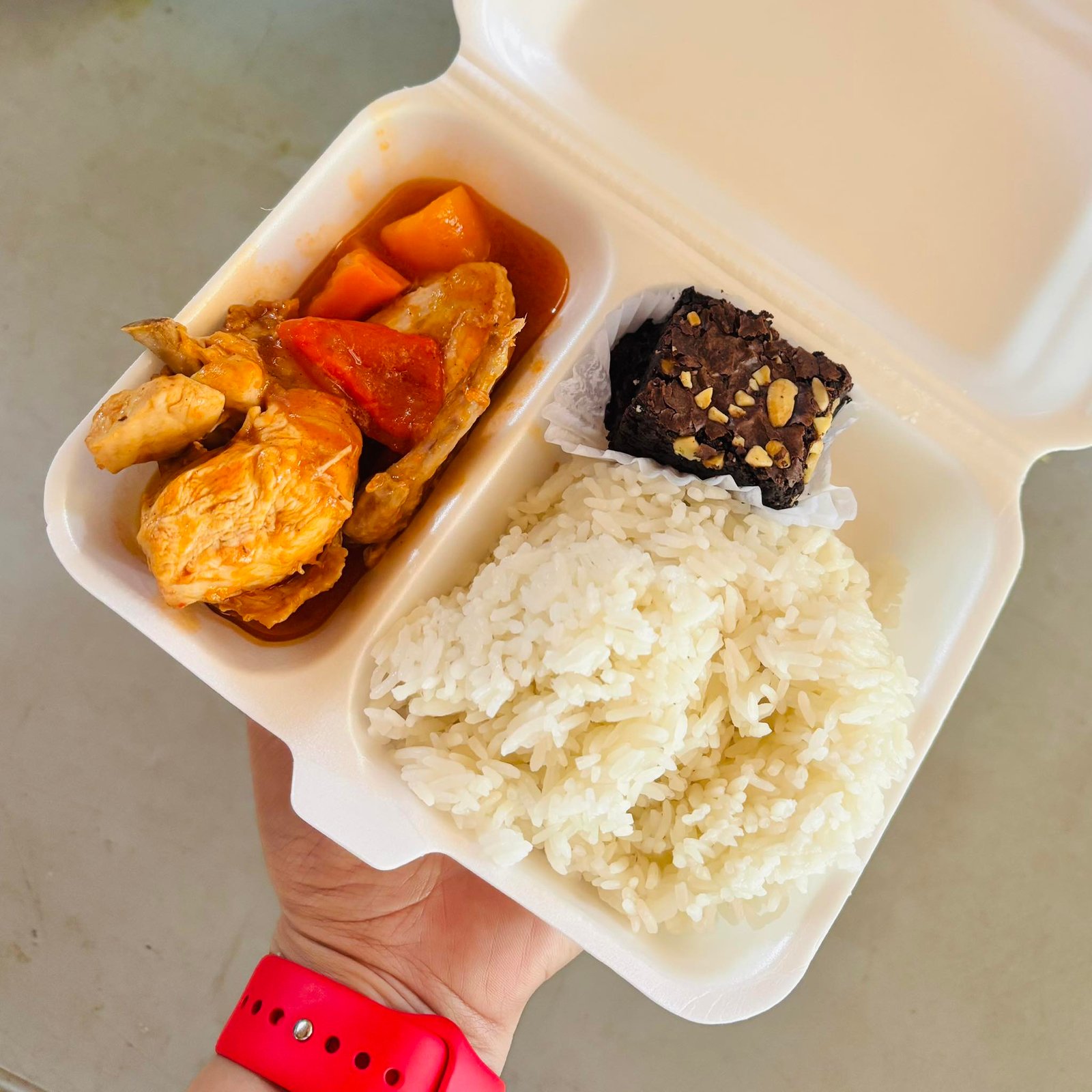 Rice, Chicken Afritada and Brownies